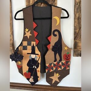 Vintage Halloween Vest Primitive Country 3D Witch Black Cat Fall